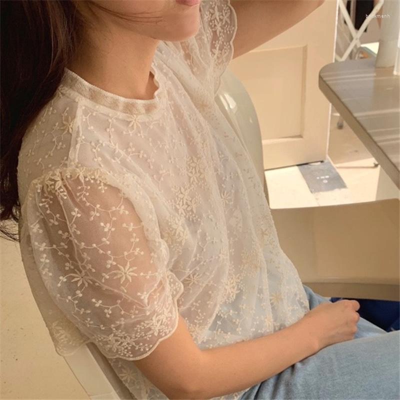 

Women's Blouses Summer Lace Tops Women Stand Collar Short Sleeve Fashion Shirts Flower Temperament Tee Slightly Transparent Elegant Blusas, Apricot