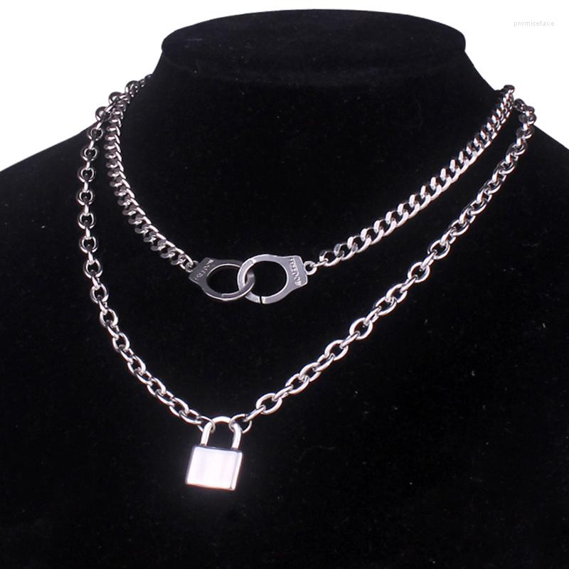 

Pendant Necklaces 2023 Punk Gothic Stainless Steel Layered Handcuff Lock For Women Grunge Goth Cuba Chain Padlock Necklace Men