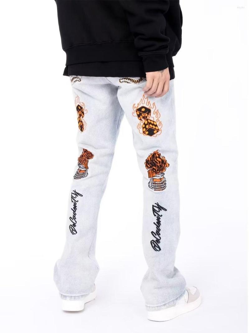 

Men' Jeans Y2k Streetwear Print Hole American Retro Low Waist Loose Denim Pants Straight Man High-quality Hip Hop, Beige