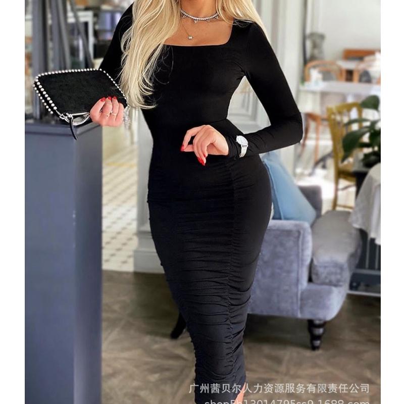 

Casual Dresses Wepbel High Waist Slimming Dress Black Square Collar Evening Party Women Long Sleeve Sheath Bodycon Clubparty