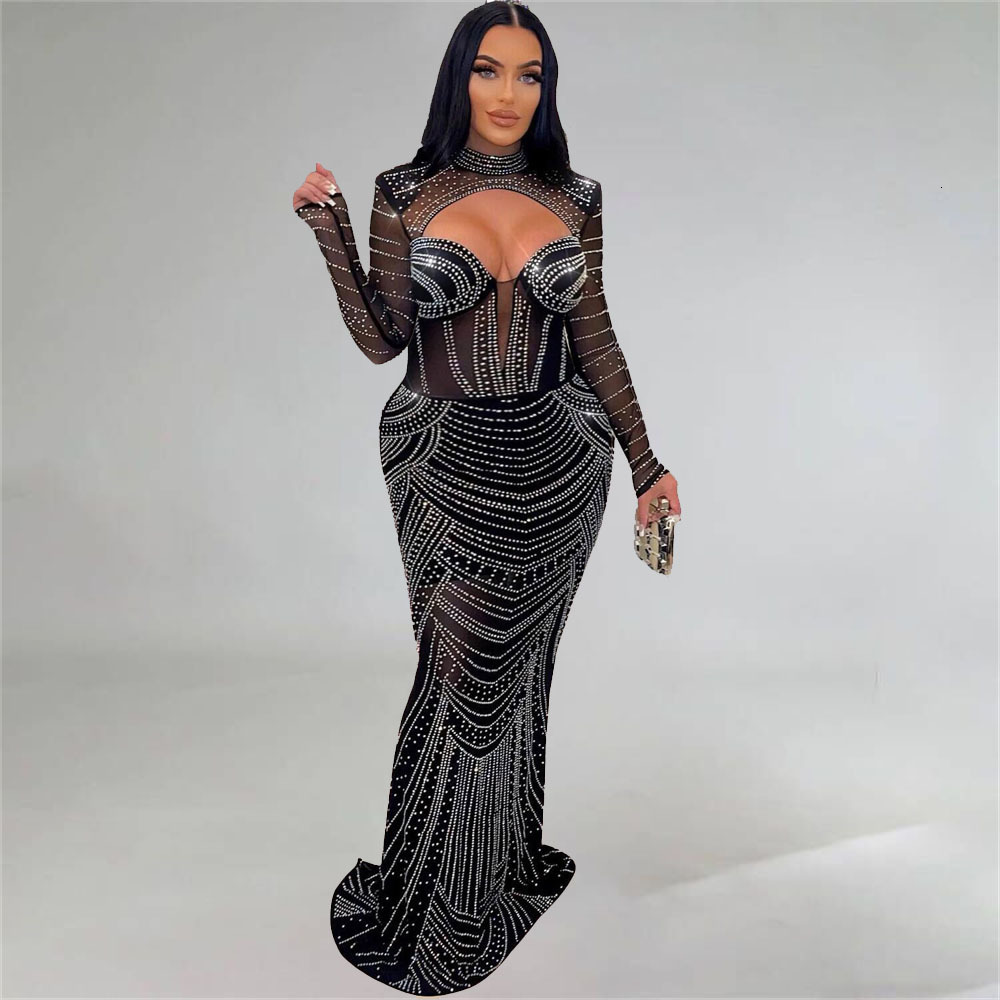 

Plus size Dresses Size Elegant Sheer Mesh Daimonds Transparent Max Party Dress For Women Long Sleeve Zipper Full Length Vestidos Banquet Gown 230512, Red