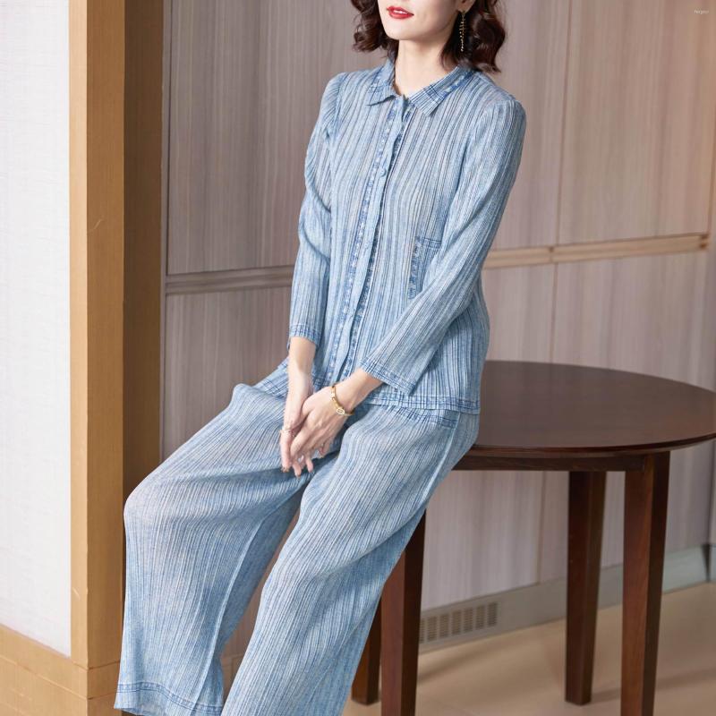 

Women's Two Piece Pants Woman Clothes Set 2023 Fall Fashion Denim Colour Print Stretch Slimming Miyake Pleated Shirt Top Straight Suits, Blue