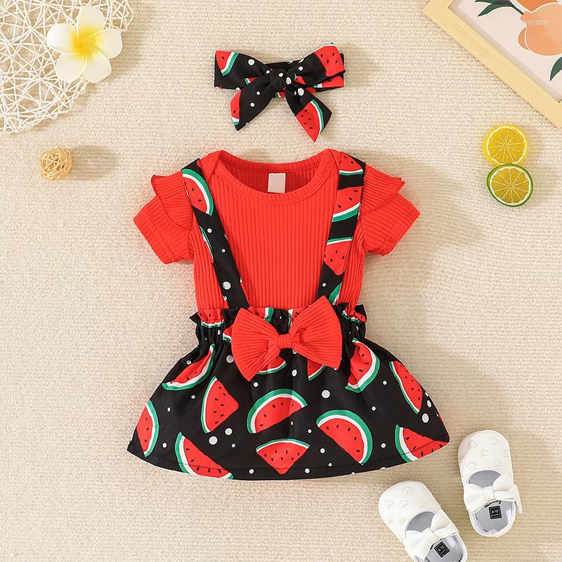 

Girl Dresses 2023 Short-Sleeved Triangle Romper Skirt Headband Three-Piece Baby Watermelon Print Climbing Suit, Red