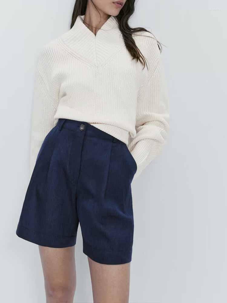 

Women' Shorts Women 2023 Fashion Pleated Decoration Straight Casual Vintage High Waist Zipper Female Short Pants Mujer, Deep blue
