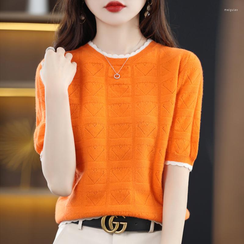 

Women' T Shirts Wool Round-Neck French Cashmere Women' Temperament Hollow-Out Versatile Breathable Short-Sleeved Top Warm Knitted, Orange
