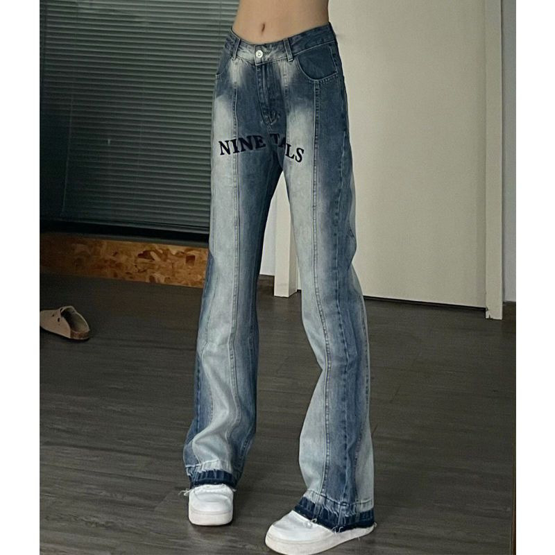 

Women' Pants  Spice Girl retro jeans made of old European and American design sense ins brand gradient micro slim straight pants 230512, Army green