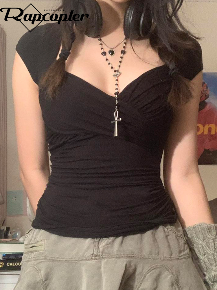 

Women's TShirt Rapcopter Y2K Cross Crop Top Folds Black Square Collar T Shirt Short Sleeve Cute Chic Tee Grunge Korean Retro 230512