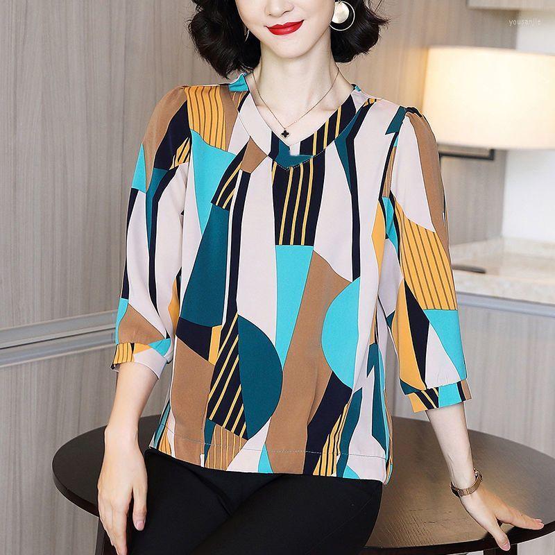 

Women's Blouses Vintage Printed V-Neck Spliced Loose Three Quarter Color Blouse Women's Clothing 2023 Summer Casual Pullovers Commuter, Blue