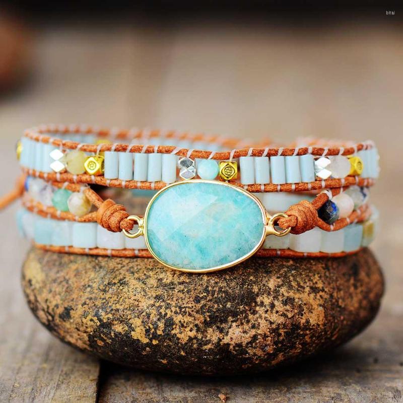 

Strand Exclusive Fancy Wrap Bracelets W/ Natural Stone Amazonite Crystals Beaded Triple Statement Bracelet Bijoux Bohemian Jewelry