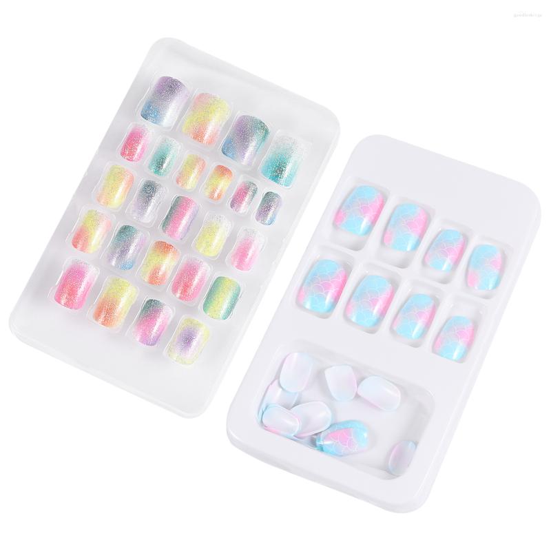 

False Nails 48 Pcs/2 Rainbow Nail Stickers Kids Lovely Manicure Glitter Children Decals Fake Kits, Colorful
