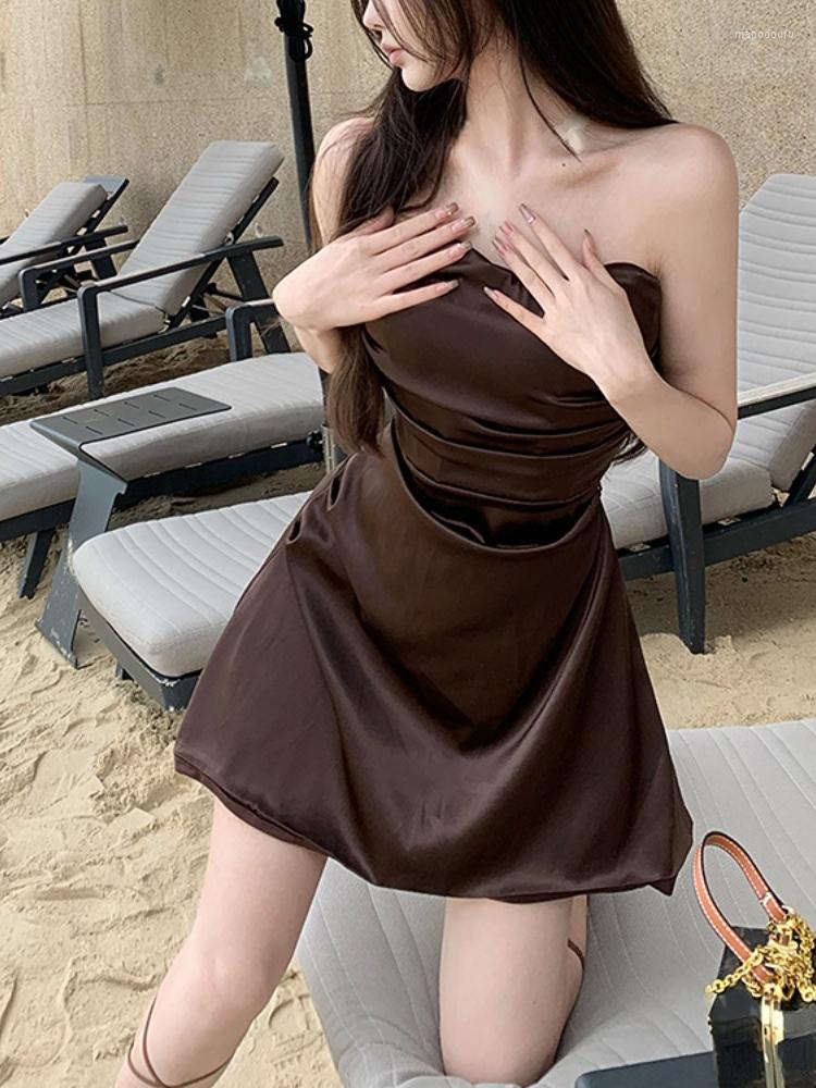 

Casual Dresses Summer Vintage Strapless Dress Women Sleeveless Sexy Slim Evening Party Korean Fashion Solid Designer Fairy 2023, Coffee