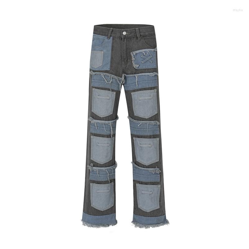 

Men's Jeans Men's High Street Patched Hip Hop Pants Fashion Streetwear Vibe Style Harajuku Y2K Denim Trousers With Patchwork, Blue