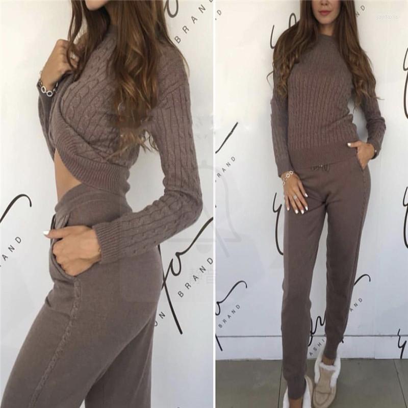 

Women' Two Piece Pants 2023 O-neck Wool Full Cashmere Knitted Thread Sweater Trousers Two-piece Sweat Suits Women Top And, Khaki