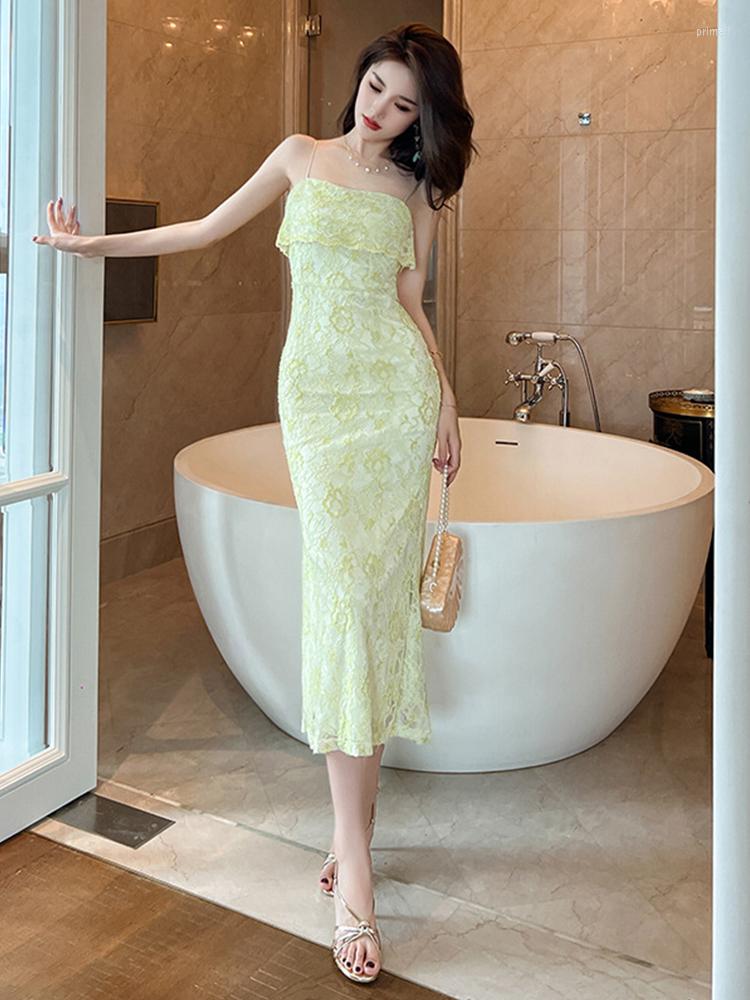 

Casual Dresses Summer Lace Women Evening Dress Chic Sexy Strap Backless Slim Midi Party Gown Vacation Beach Robe Femme Mujer Vestidos, Green