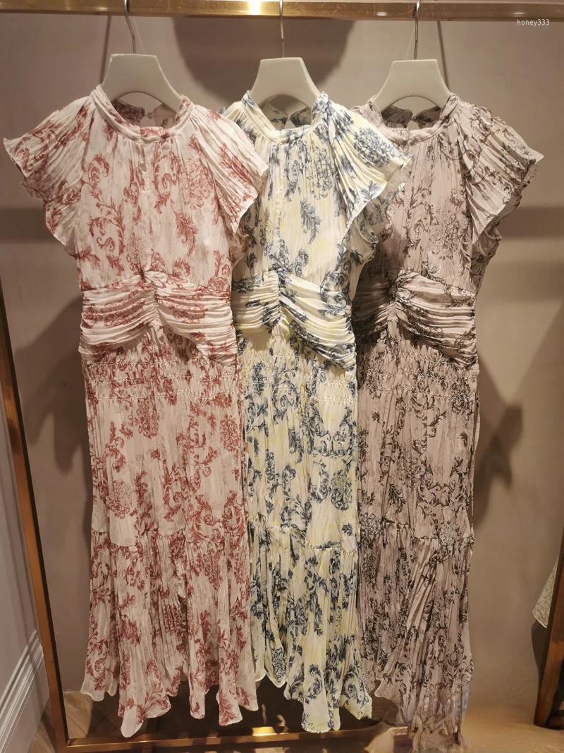

Casual Dresses WAKUTA Lace Up Flying Sleeve Printed Dress 2023 Spring Stand Collar Slim Fit Vestidos Japan Waist Wrapped Pleated Robe Femme, Blue