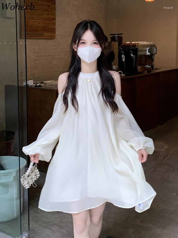 

Casual Dresses Woherb Sexy Loose Woman Dress 2023 Vestidos De Mujer O-neck Off Shoulder Hollow Out Temperament Robe Femme Mini Party, Apricot