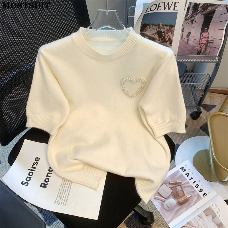 

Women's Sweaters Love Beaded Solid Knit Sweater Pullover Women Tshirt Tees 2023 Summer Stylish Fashion Elegant Tops Short Sleeve O-neck, Beige
