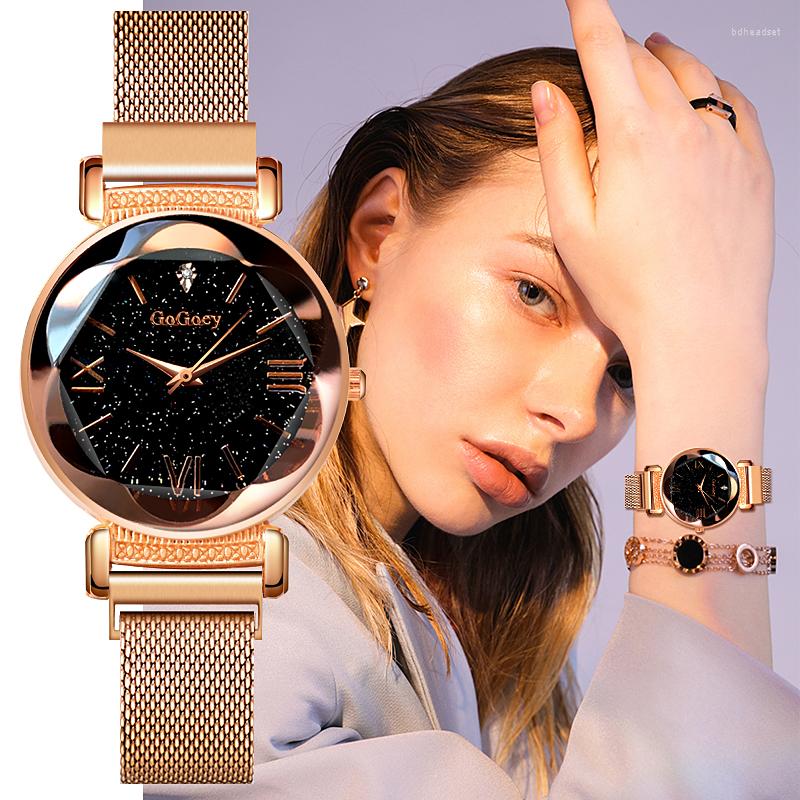 

Wristwatches Women's Relogio Feminino Gogoey Luxury Watches Personality Romantic Starry Sky Wristwatch Crystal Ladies Mesh Steel Mujer, Black