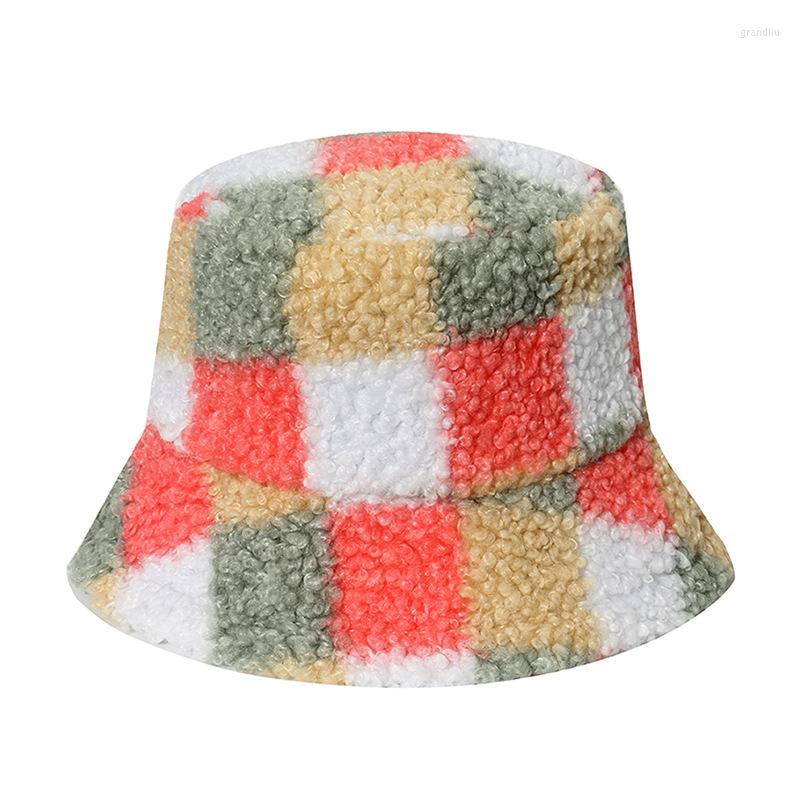 

Berets Winter Plaid Print Faux Fur Fluffy Bucket Hats Women Outdoor Warm Sun Hat Soft Velvet Furly Fisherman Cap Girl Fashion Panama