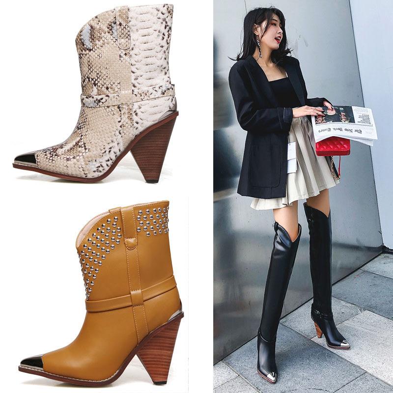 

Boots Women Selling Autumn Shoes 2023 Metal Pointed Toe 9CM Genuine Leather Rivet Spike Heels Slip On Mid-calf/Thigh High, Picture shown