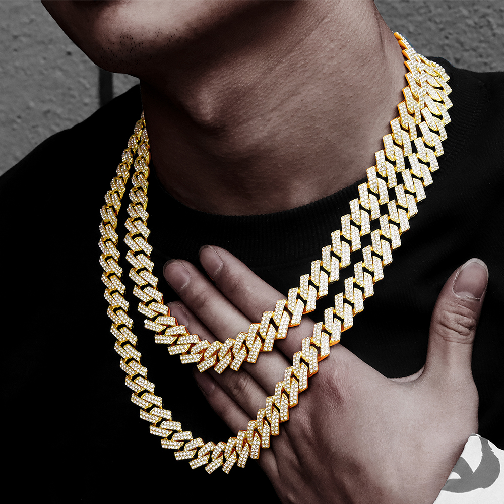

25mm Wide Miami Cuban Chain Necklace Hip Hop Jewelry Rap Singer Sparkling Ice Double Row Rhinestones Paved CCB Long Stick