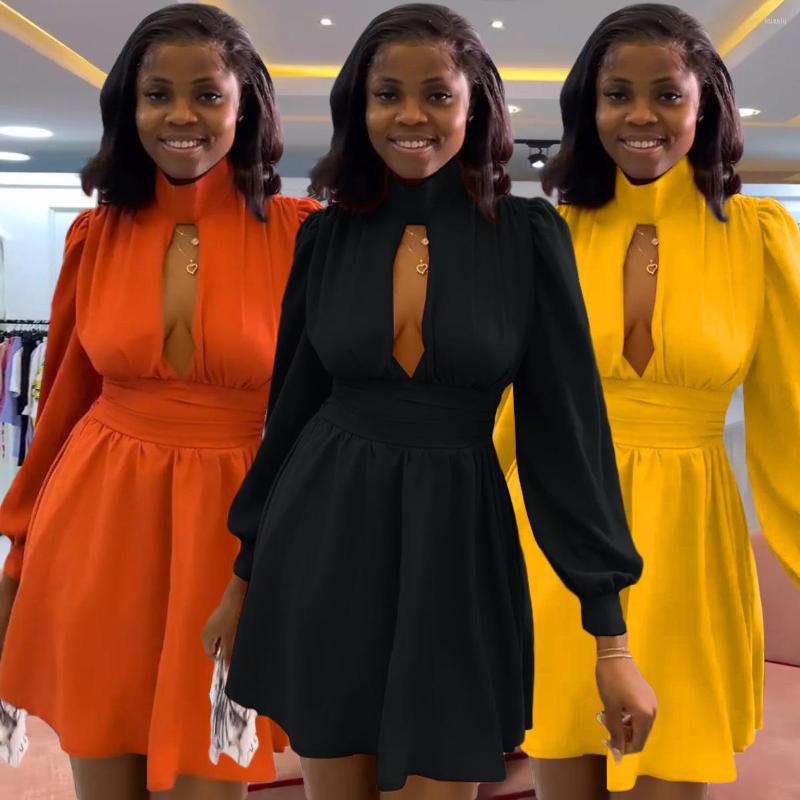 

Casual Dresses Women Sexy A-line Mini Dress 2023 Autumn High Collar Hollow Waist Elegant Fashion Office Ladies Long Sleeve, Orange