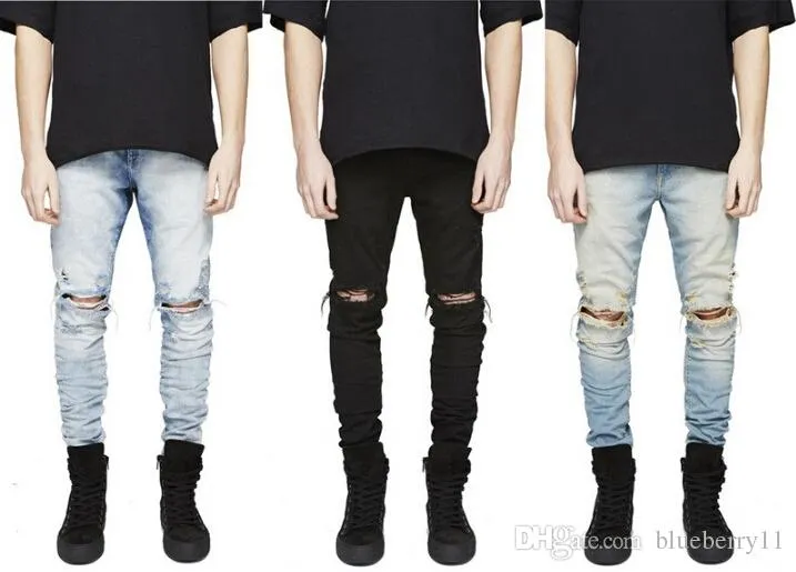 

Designer Slim Fit Ripped Jeans Men Hi-Street Mens Distressed Denim Joggers Knee Holes Washed Destroyed Jeans Plus Size free ship hDD