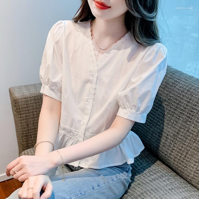 

Women' Blouses 2023 Casual Short Sleeve Women' Shirt Fashion Button Up White Blouse Women Elegant Summer Female Clothing V Neck Tops
