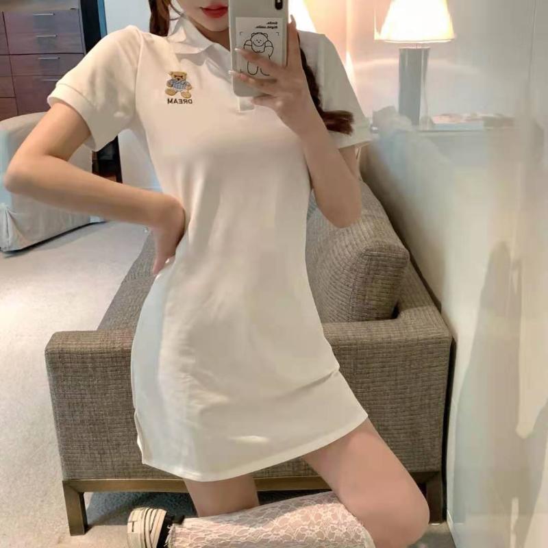 

Casual Dresses T-Shirt Dress 2023 Summer Korean Women Fashion Clothing Turn Down Collar Short Sleeve Ladies Female Black Pink White