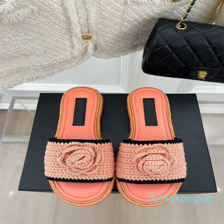 

Summer famous Sandals Slipper Beach Sliders Rubber Scuffs Indoor Shoes Camellia Fisherman Designer straw Canvas Cross Woven knitted Outdoor Peep Toe Slipper Shoes, Cnl5084