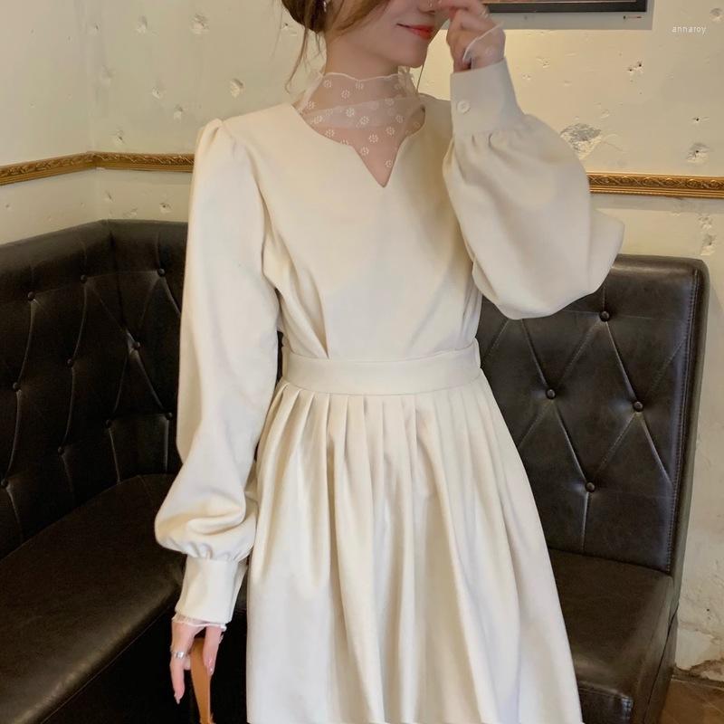 

Casual Dresses 2023 Autumn Princess Elegant Dress Women French Patchwork Long Sleeve Fairy Female Designer High Waist Kreann Party, Lace tops