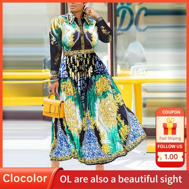 

Party Dresses Autumn Summer Women Pleated Dress Long Sleeve 2023 Fall Black Floral Print Maxi Office Ladies Casual Vintage Shirt, Dark green