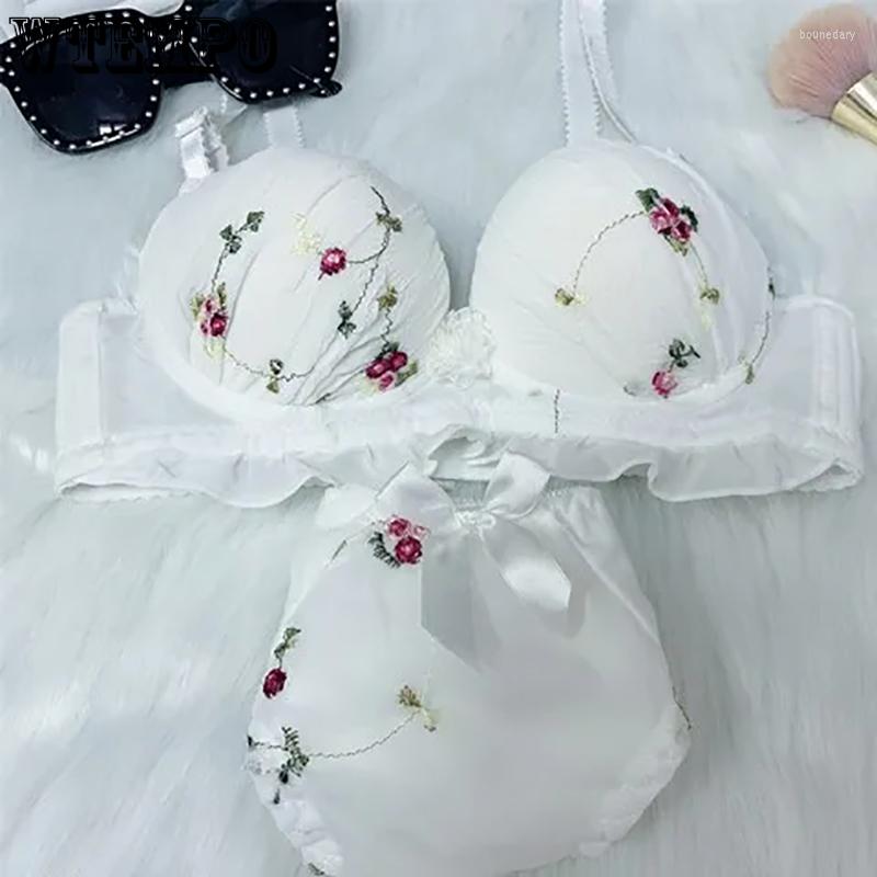

Bras Teen Girl Floral Lace Underwear Set White Pink Bow Kawaii Bra Lolita Bralette And Panty