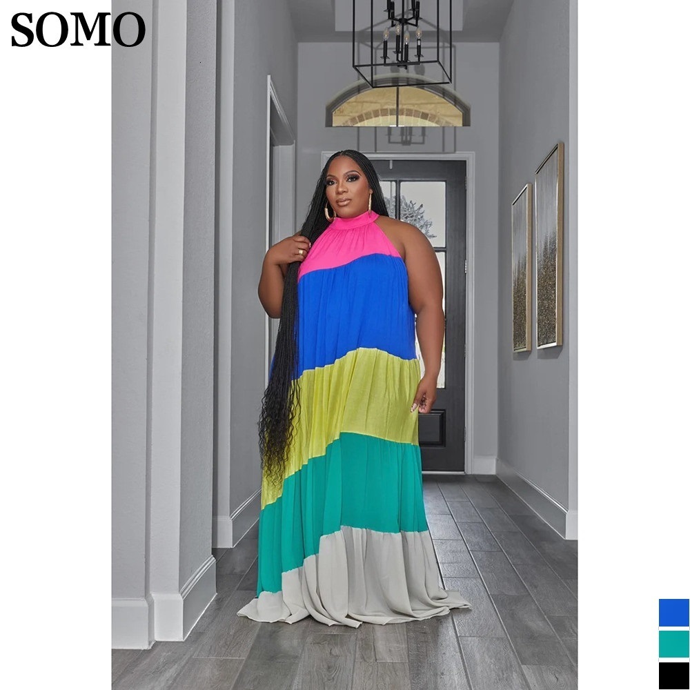 

Plus size Dresses SOMO Summer Fashion Contrast Color Size Party Clubwear Sleeveless Pleated Maxi Long Dress Wholesale Drop 230512, Black