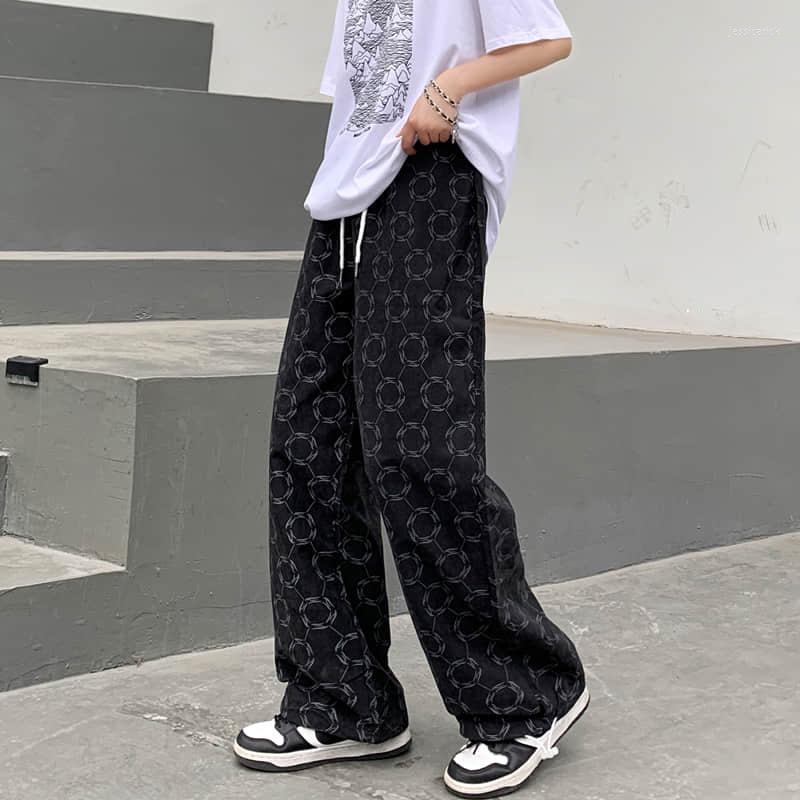 

Women' Pants IRabeeZT Autumn Harajuku Straight Women Wide Leg Printed High Street Trousers Unisex Streetwears Couple Clothes, K0021