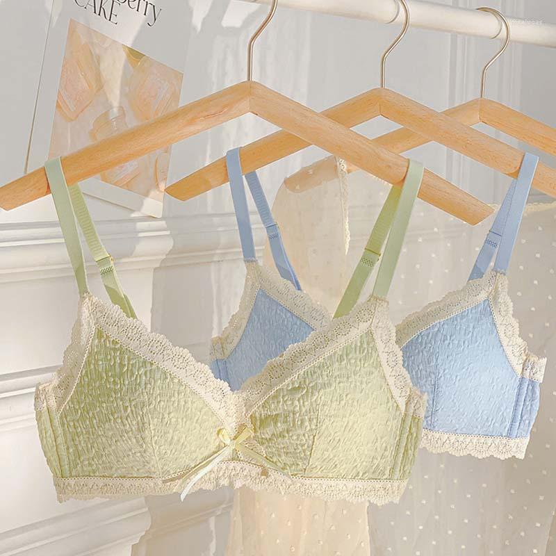 

Bras Sets Wasteheart For Women Green Blue Lace One-Piece Bra Bow Bralette Cotton Panties Push Up Underwear Wireless Lingerie