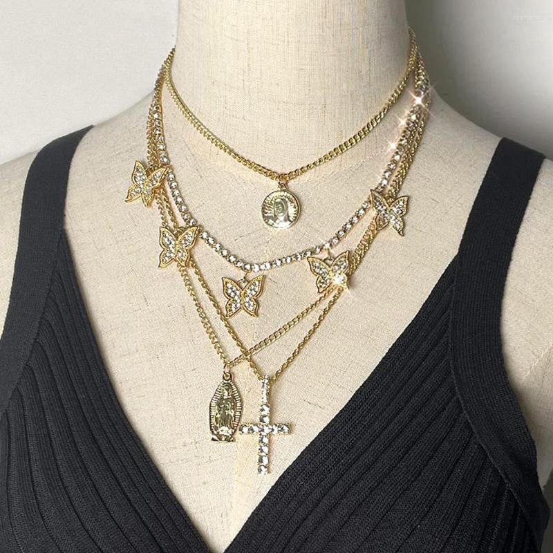 

Chains Punk Vintage Multilayered Portrait Coin Cross Pendant Chain Necklace For Women Golden Crystal Butterfly Tennis Jewelry