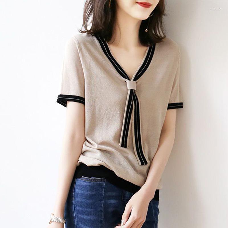 

Women's Blouses Fashion V-Neck Knitted Spliced Loose Lace Up Blouse Female Clothing 2023 Summer Casual Pullovers Short Sleeve Korean Shirt, Blue