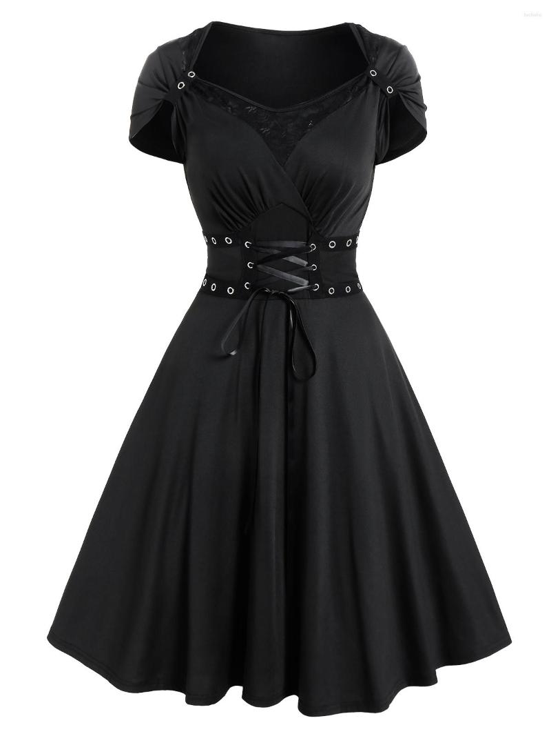 

Party Dresses Dressfo Gothic Solid Color Grommet Lace Up Panel High Waisted Dress Surplice Black Sexy Deep V Rivet Bandage Female Vestidos
