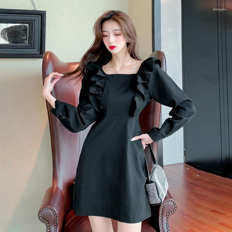 

Casual Dresses French Black Waist Closed Hepburn Square Neck Splicing Pullover Long Sleeve Dress Elegance Vintage A-line Mini