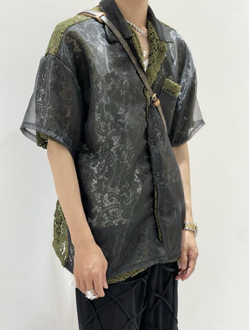 

Men's Casual Shirts 2023 Summer Breathable Fake Two-piece Short Sleeve Organza Dark Green Lace Hollowed Out Shirt, Haze blue