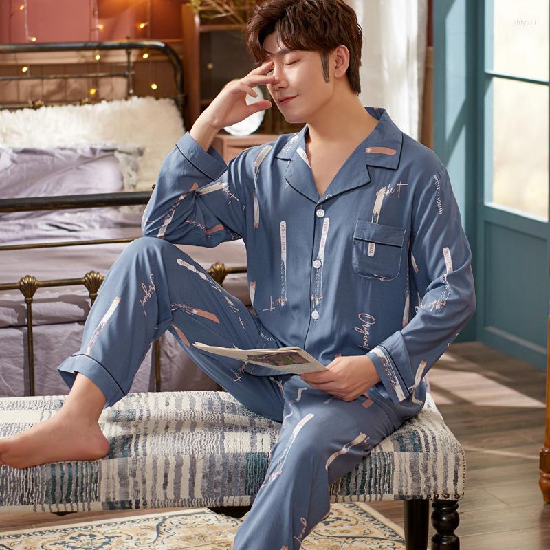 

Men's Sleepwear Spring And Autumn Pajamas Men's Cotton Long-sleeved Cardigan Loose Large Size Thin Section Youth Home Service Suit