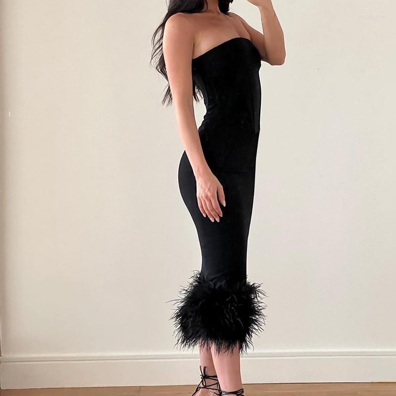 

Work Dresses Fashion Sexy Black Feathers Women Strapless Backless Midi Dress Y2k Vintage 2023 Off Shoulder Female Vacation Outfits
