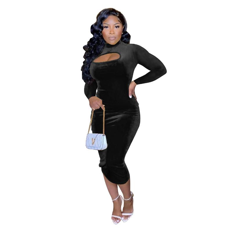 

Casual Dresses HHDMV 2023 Autumn Suede Solid Energy Simple Elegant Sexy Long Dress Overalls Young Full Sleeve Women Thin Pencil Maxi, Black