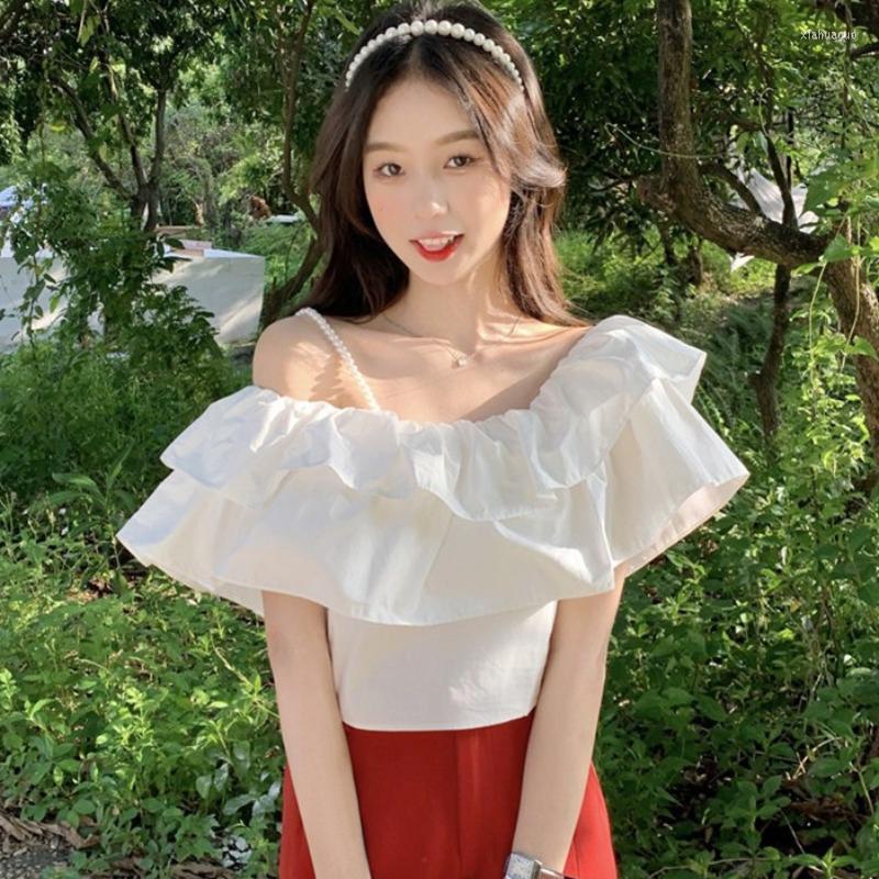 

Women's Blouses Ruffles Short Sexy Women Slim Korean Fashion Solid Butterfly Sleeve Summer Blusas Square Neck Sweet Shirts, White