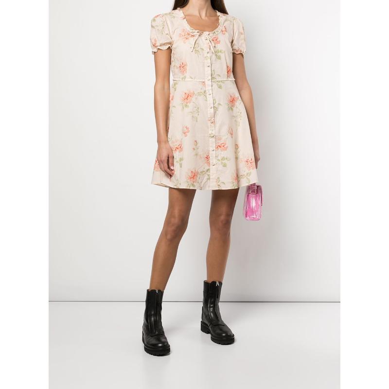 

Party Dresses 2023 Summer Women Mini Dress Floral Print Frill Trim O-Neck Lace-Up Ladies Puff Sleeve Single-Breasted Short For Holiday