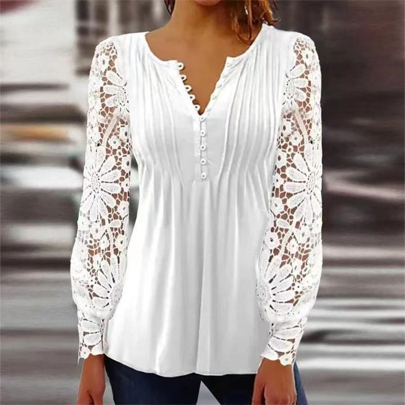 

T-Shirt Elegant Lace Sleeve V Neck Button Splicing Tops Female 2023 Spring Autumn Casual Fashion TShirt Women Commuter Sweet Style Tees, Red