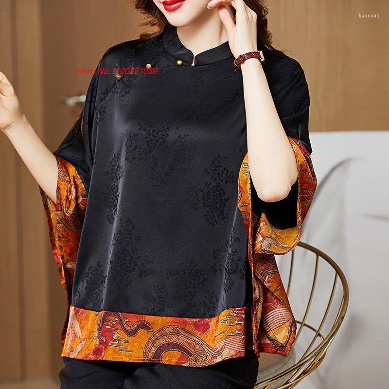 

Ethnic Clothing 2023 Chinese Vintage Women Hanfu Tops National Flower Print Satin Jacquard Blouse Traditional Tang Suit