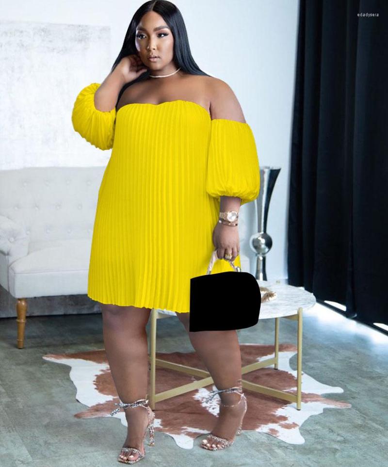 

Plus Size Dresses KEXU Chiffon Pleated Women Off Shoulder Lantern Sleeve Loose Dress 2023 Fashion Club Evening Party Vestidos, White