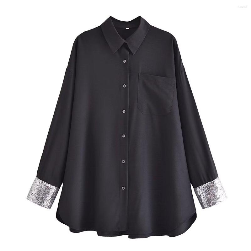 

Women' Blouses Women 2023 Fashion Summer Cuff Sequined Long-sleeved Shirt Retro Lapel Pocket Single-breasted Casual Chic Female Top, Black